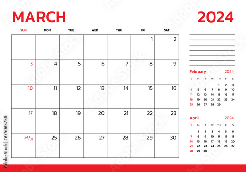 March 2024 Calendar. Week start on Sunday. Desk calendar 2024 design, simple and clean design, Wall calendar for print, digital calendar, Corporate design planner template vector.