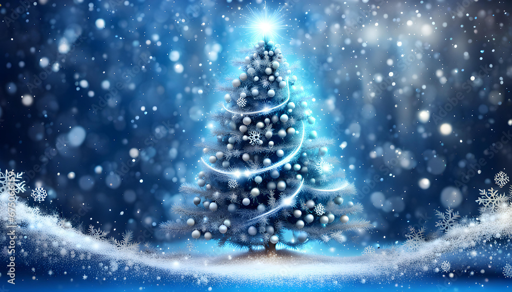 Blue sparkling Christmas background with big and luxurious Christmas tree and snowflakes Blue sparkling Christmas background with big and luxurious Christmas tree and snowflakes