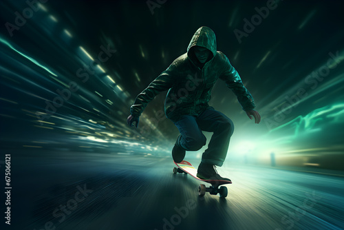 skateboarder in action motion blur abstract futuristic lighting background © Black Pig