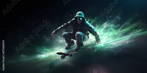 skateboarder in action motion blur abstract futuristic lighting background
