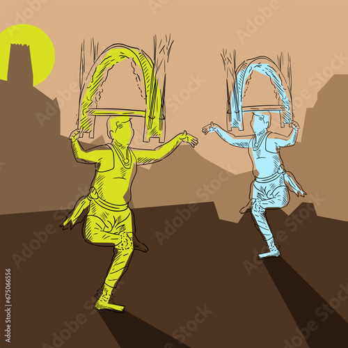 Cartoon figures dancing in traditional clothing and jewelry from Tamilnadu, India