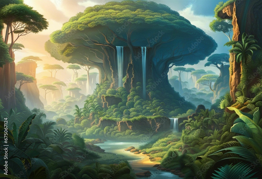 AI generated illustration of scenic lush evergreen trees and large grey ...
