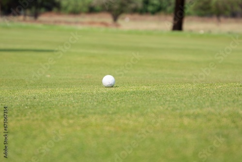 Closeup of a golf ball resting on a lush green grass