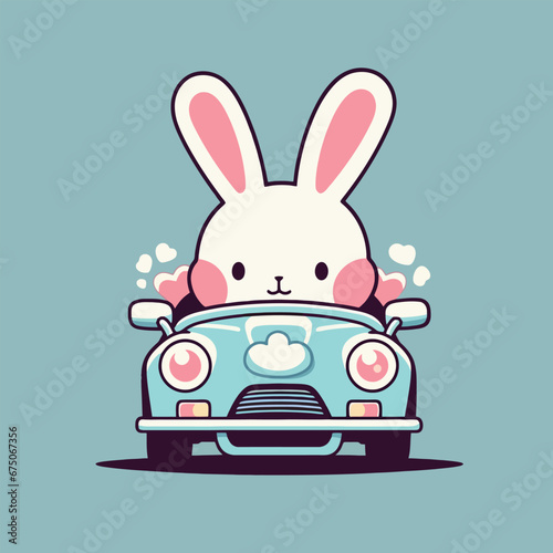 Vector illustration of a white cartoon rabbit driving a small vehicle