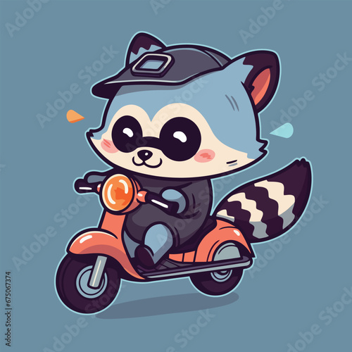 Vector illustration of a cartoon raccoon riding a toy motorscooter against a vibrant background