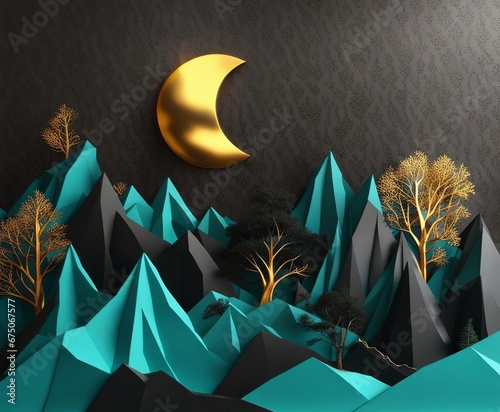 3d modern art wallpaper with light background. black Christmas tree, turquoise mountains, and moon with a golden sun. for use as a frame on walls, Generative AI