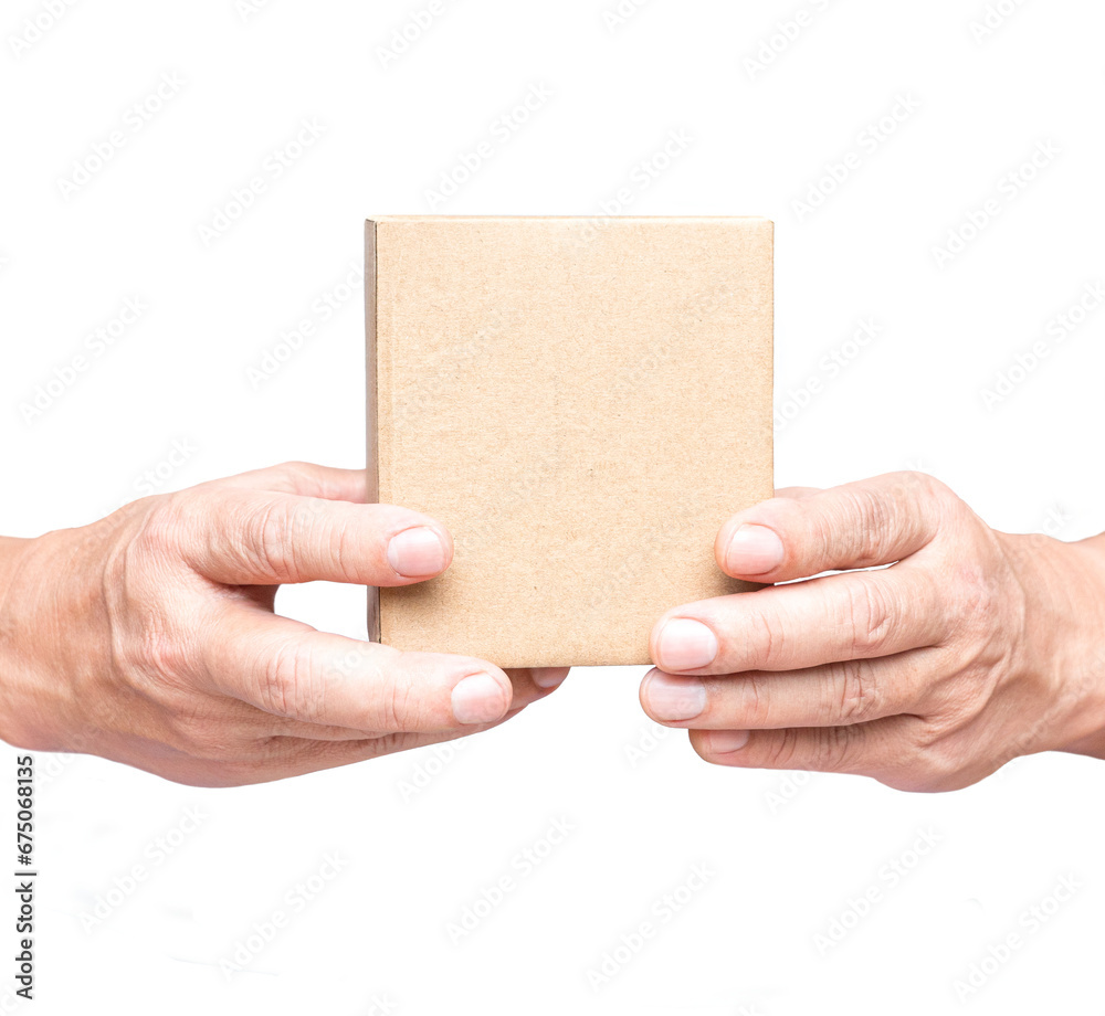 Man holding a brown color cardboard box, isolated on transparent background.