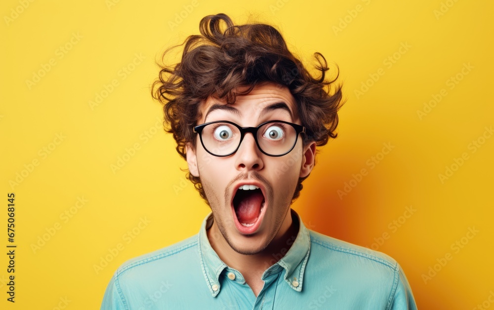 Surprised pin up style man with retro hairstyle, bright color background