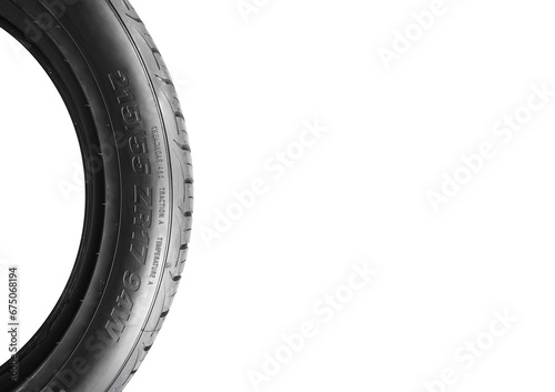 Numbers and characters on automotive tyre sidewalls , car tyre isolated on white background with copy space , Automotive part concept