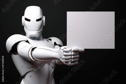 Humanoid robot holding white blank placard mockup with copy space for text. Generative AI