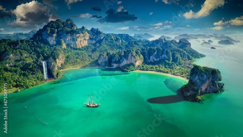 Aerial view of a boat sailing in the tranquil waters near Railay Beach Peninsula in Thailand photo