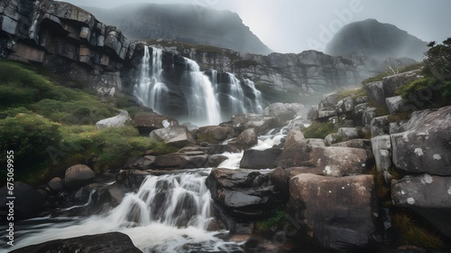 AI generated illustration of A majestic waterfall cascades during a foggy weather