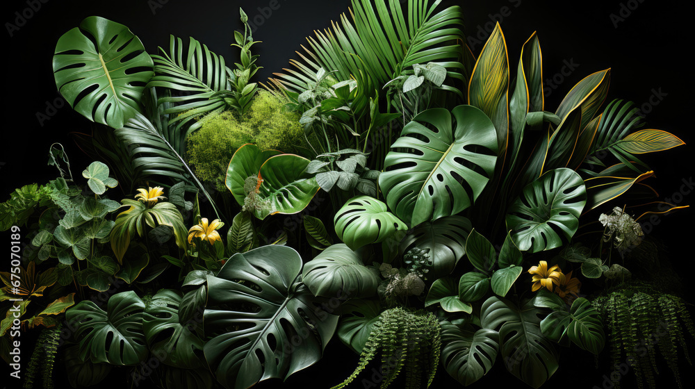 Fototapeta premium Big Greean Leaves Of Monstera Banana And Strelizia, Background Image, Hd