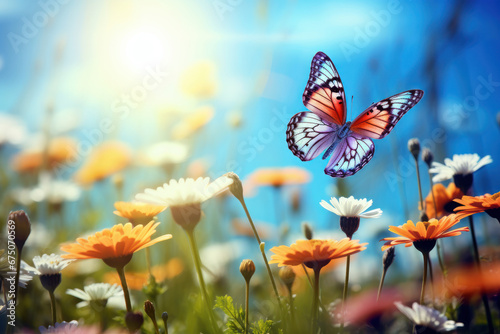 Elegant flight Butterfly gracefully above a vibrant field of flowers. AI Generative marvel highlights the beauty and serenity of this captivating scene. © Alisa