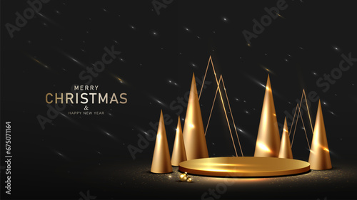 Empty circle platform for product with abstract tree shape, meteor shower on black background.