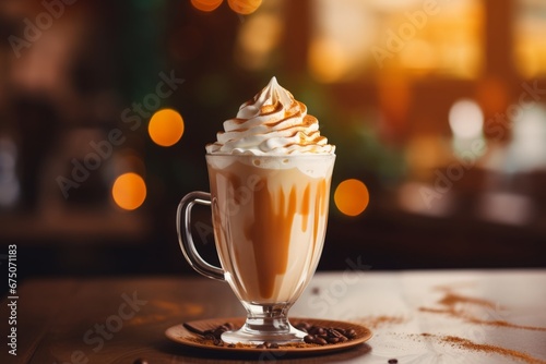 Indulge in a creamy caramel macchiato served in a charming coffee shop bathed in warm sunlight