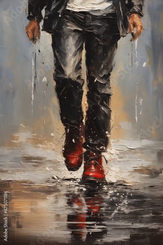 Wallpaper Mural man walking rain red umbrella jeans boots body face oil standing tall invincible girl running small steps leading down confidant freedom stomping urban clothing Torontodigital.ca