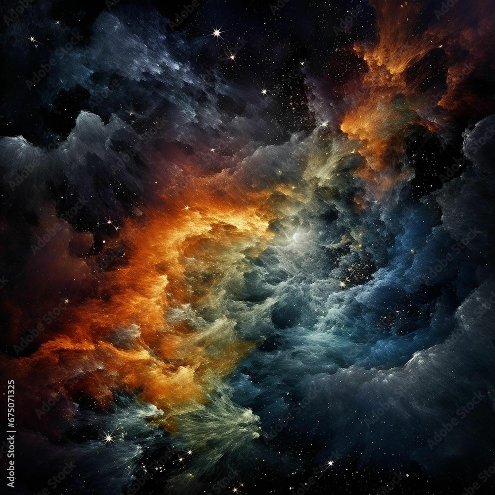 AI generated illustration of a night sky with orange and blue nebulae against a of galactic stars