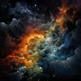AI generated illustration of a night sky with orange and blue nebulae against a of galactic stars