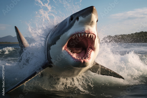 Nature s apex predator A great white shark displaying its impressive teeth in a striking underwater moment. AI Generative wildlife.