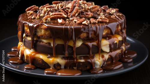 Caramel Pecan Brownie Cake  Professional Photography, Background Image, Hd