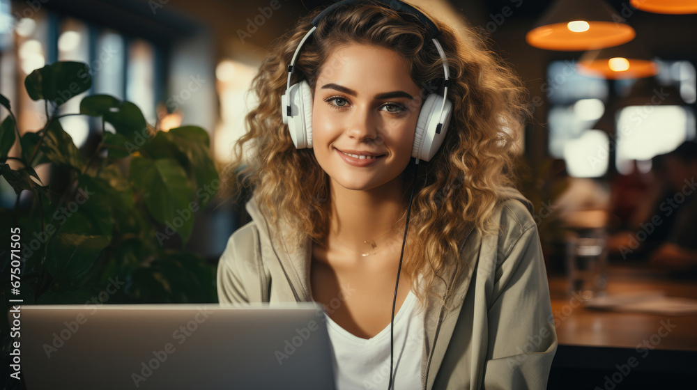 Casual Young Smiling Smart Woman Student In Headphone, Background Image, Hd Casual Young Smiling Smart Woman Student In Headphone, Background Image, Hd