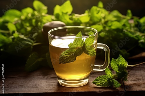 The calming allure of a hot cup of lemon balm tea amidst its fresh leaves under the soft morning sun