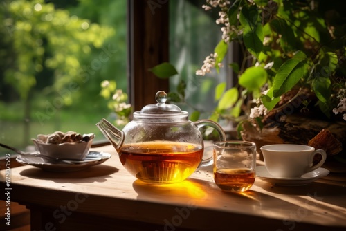The comforting sight of a steaming cup of Uva Ursi tea with a vintage teapot and fresh leaves in the early morning light