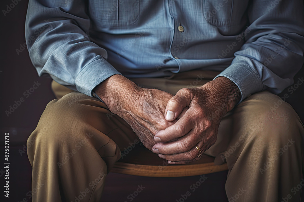 Close-up of hands of elderly man sitting on the chair