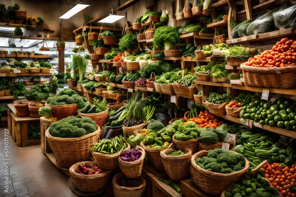 In a store, there are baskets of beautiful, fresh veggies and plants