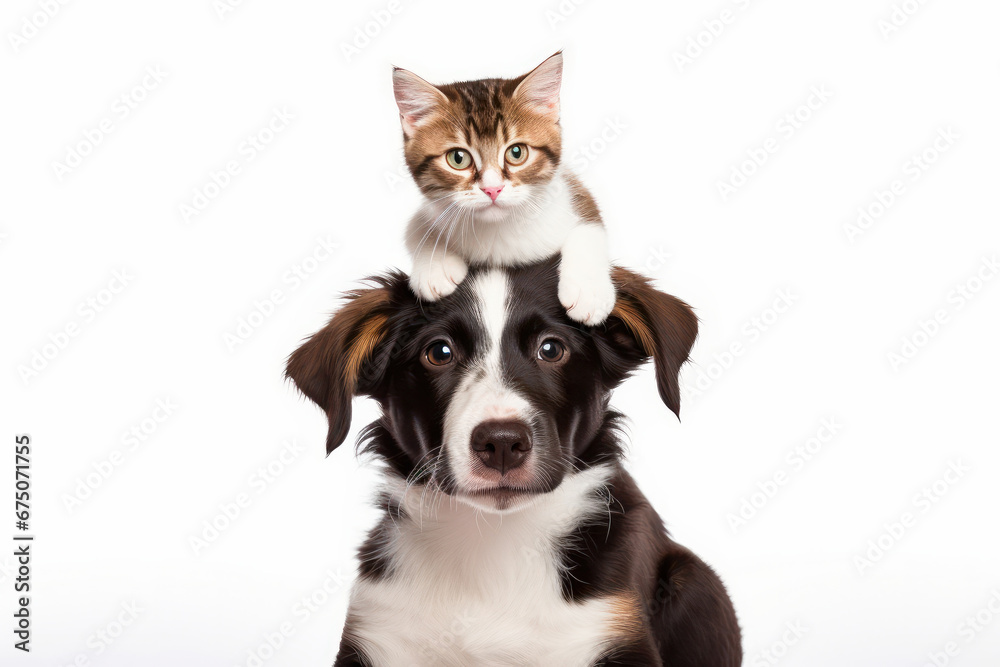 In this studio portrait, an attentive cat and a friendly dog sit together, exemplifying the warmth and camaraderie of our beloved pets. is AI Generative.