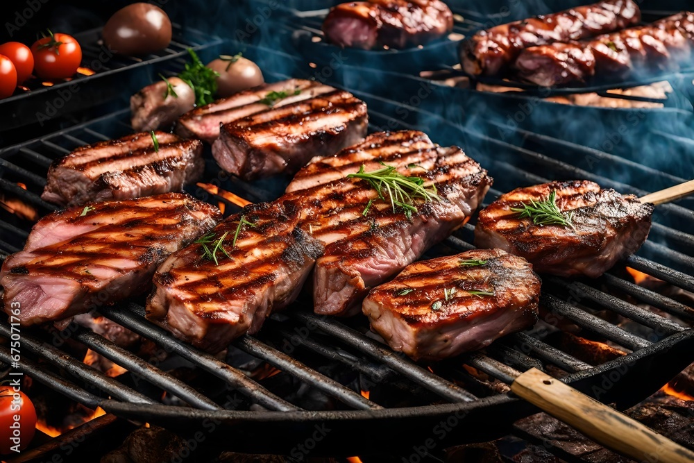 Meat is grilled on a grill. Brazilian standard meat