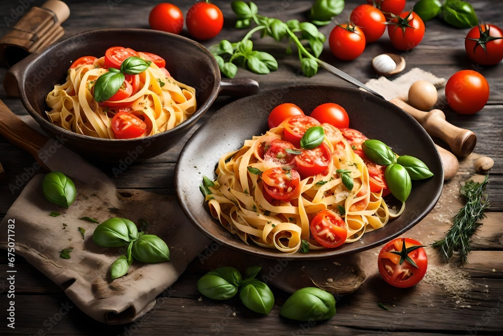 Pasta with tomatoes and herbs over fettuccine