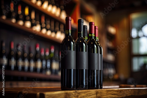 Wine bottles standing on the table in retail store photo