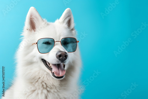 Bring humor and style to your project with a quirky dog in eyeglasses on a bold, vibrant blue background. Fun and fashionable pet photography is AI Generative. © Alisa