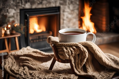 In a warm living room with a fireplace, a mug of tea is placed on a chair covered in a wool blanket. a warm winter day