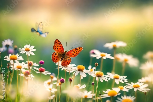 In the springtime field, lovely flowers are growing, and a butterfly is softly focused