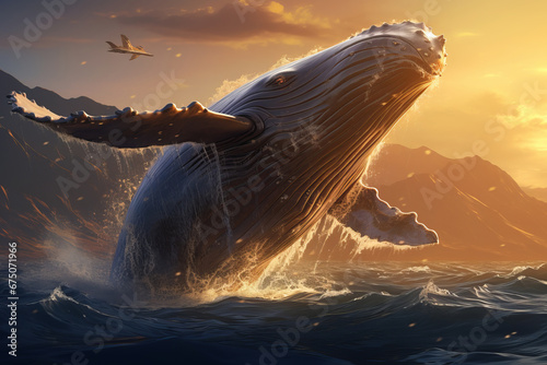 In the waters near Maui Island, a humpback whale breaches, creating a mesmerizing cascade of splashes. Nature's marvel on display. AI Generative.