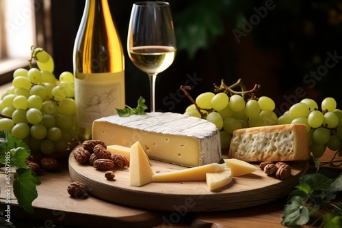 A delightful spread featuring Roussanne wine and an assortment of cheeses on a rustic table