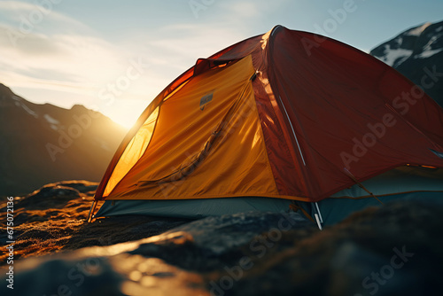 A peaceful campsite beneath the mountains, featuring a vintage tent and a dramatic sky. Perfect for outdoor enthusiasts. AI Generative.