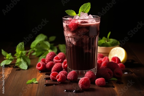 A Delicious Blend of Sweet and Tart  Chocolate Raspberry Lemonade on a Rustic Backdrop
