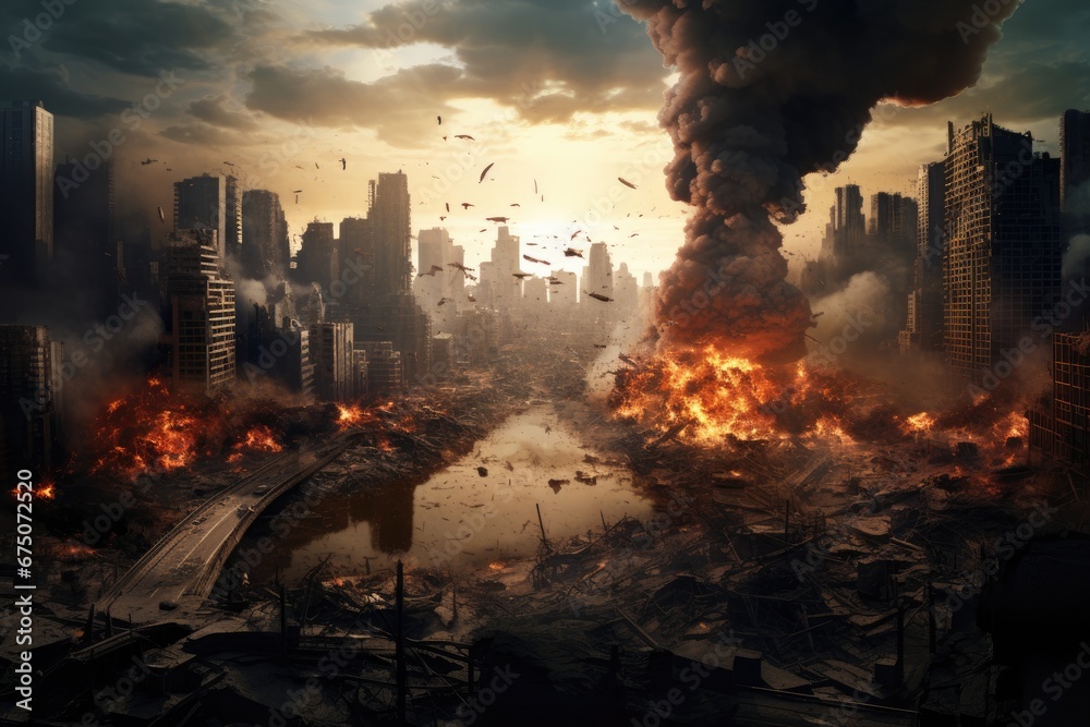 Landscape shot of city being bombed 