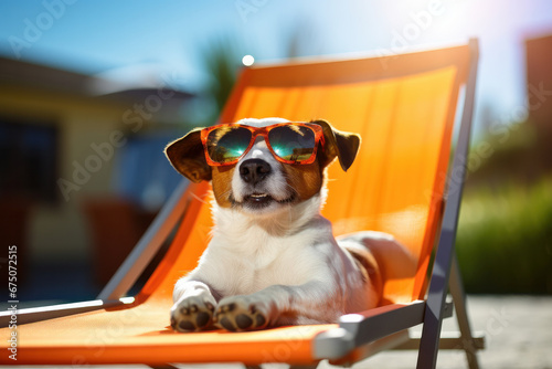 Lazy beach days with a doggy twist this canine knows how to soak up the sun on a fancy deck chair. It's AI Generative humor at the beach © Alisa