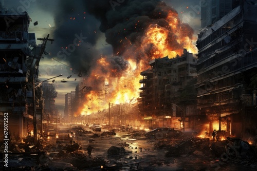 Landscape of city being bombed
