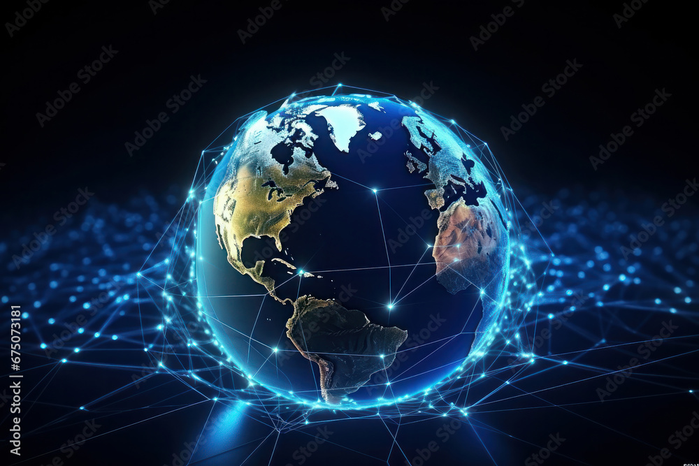 Earth from space with city lights creating a map-like pattern. This abstract depiction signifies the global network, technology, and communication systems. It is AI Generative. Earth from space with city lights creating a map-like pattern. This abstract depiction signifies the global network, technology, and communication systems. It is AI Generative.
