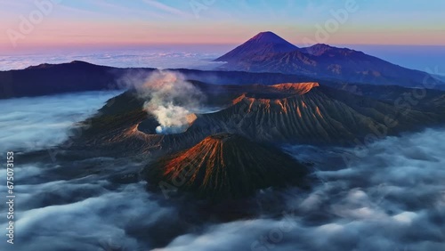 Amazing Timelapse Mount Bromo volcano during sunrise or sunset sky over Mountains Penanjakan in Bromo Tengger Semeru National Park,East Java,Indonesia.Landscape background,Hyperlapse Timelapse shot