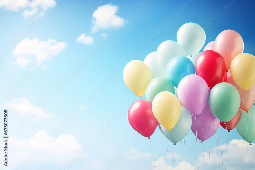 In the air, a closeup of a bunch of colorful helium balloons creates a bright and joyful scene, perfect for celebrating a birthday or anniversary. AI Generative.