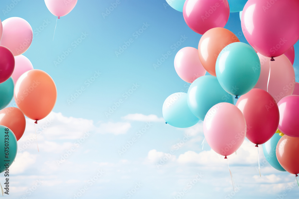 Balloons in a bunch, bursting with color, soar in the sky a closeup of a happy and vibrant birthday party with the blue sky as the backdrop. AI Generative.