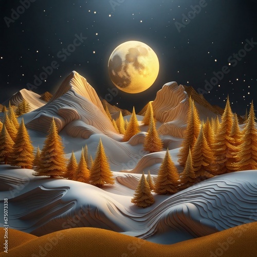 3d modern art landscape moon, golden christmas trees, colorful wavy mountains, Generative AI