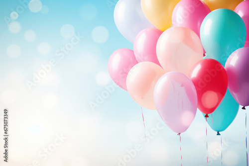 A bunch of colorful balloons, filled with helium, adds vibrancy to the bright sky a closeup capturing the essence of a joyous birthday or anniversary party. AI Generative.